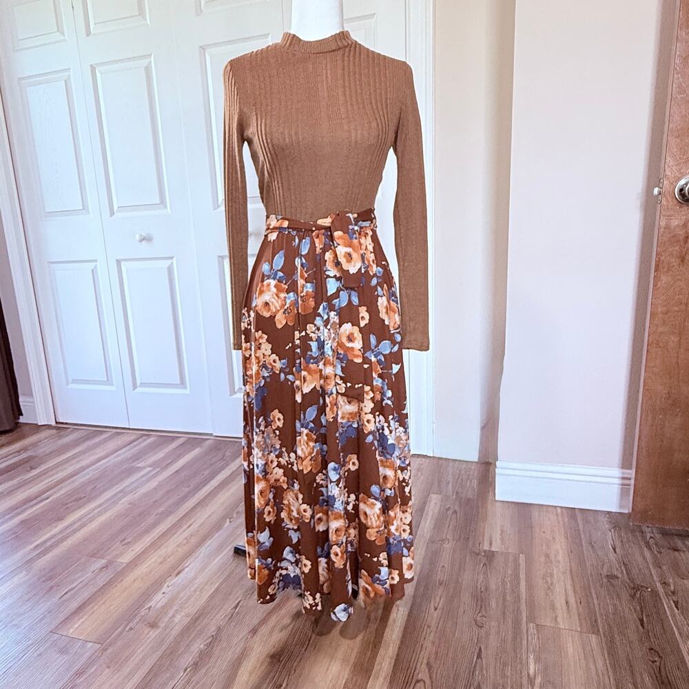 REB in J 220 Floral Maxi Dress S Brown Cottagecore Mock Neck Pockets USA
